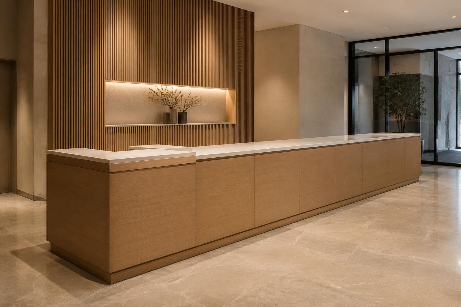 Custom commercial reception desk with integrated storage