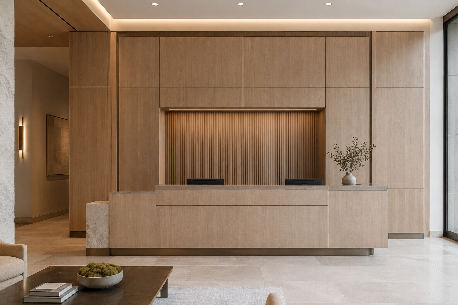 Commercial lobby with custom wall panels and built-ins