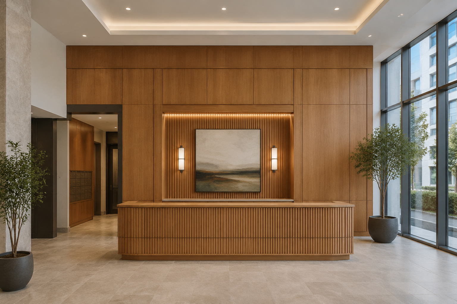 Commercial retail millwork with wood wall panels and display fixtures